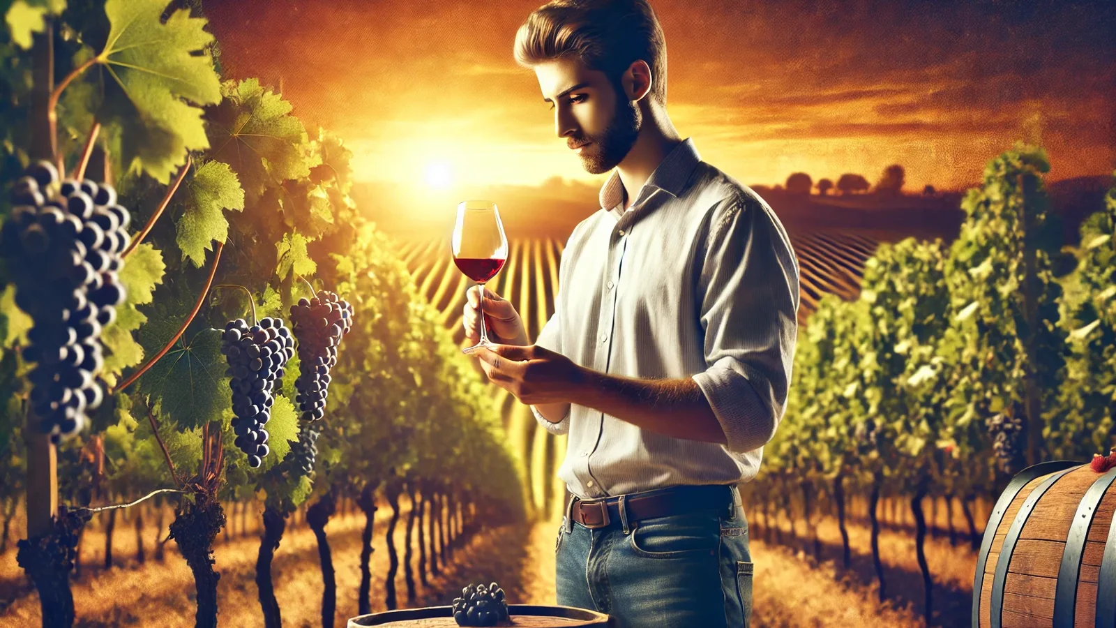 Évocation d'une rencontre autour du vin dans un vignoble au soleil couchant